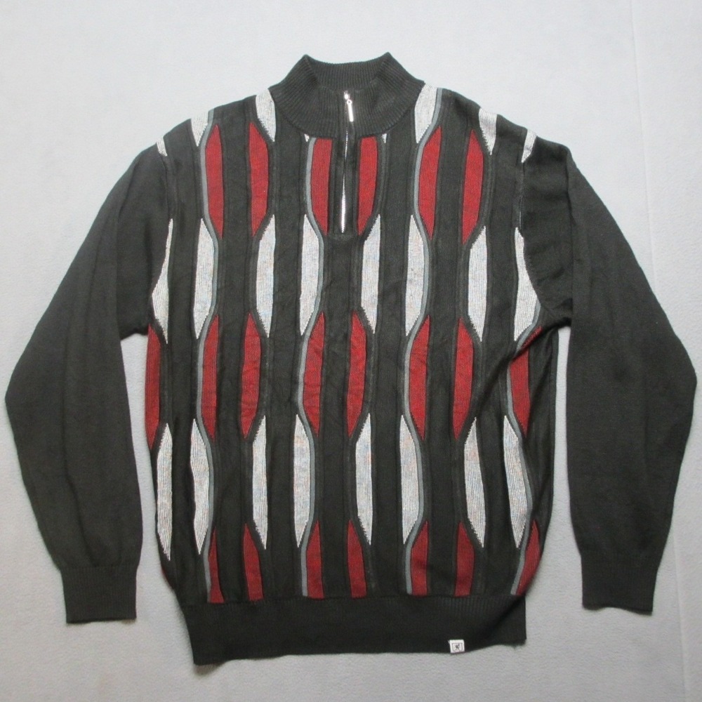 Stacy Adams Sweater Mens Large Black Geometric 90s Hip Hop Mock Neck 1/4 Zip